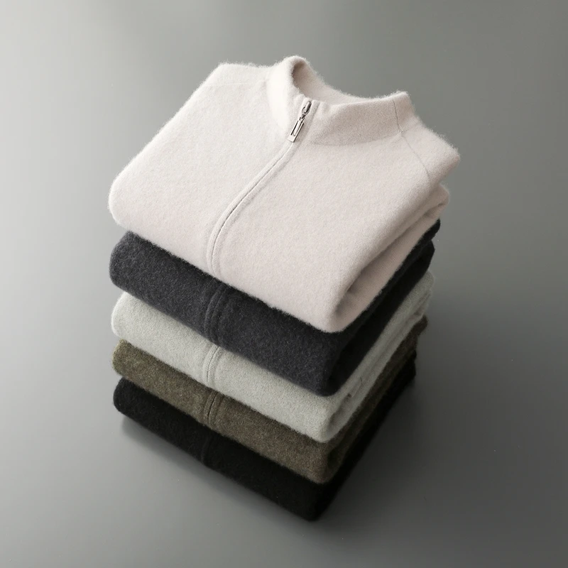 Men's Thickened Sports Style Zip Cardigan 100% Cashmere Trendy Fashion Long Sleeve Sweater Autumn Winter Comfortable Soft Knit