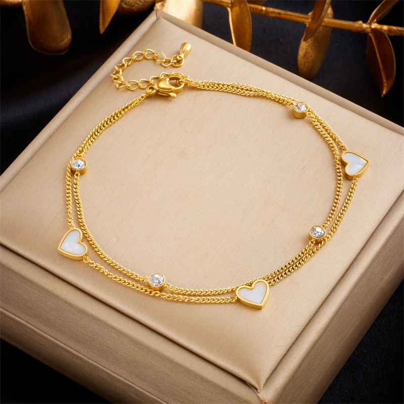 DIEYURO 316L Stainless Steel Heart Love Anklets For Women Girl New Trend Multi-layer Leg Chain Non-fading Jewelry Gift Party