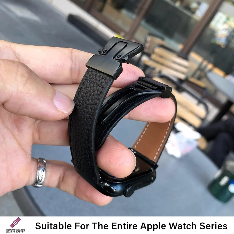 Apple Watch用レザーストラップ,iwatchシリーズ10用磁気アンブレラバックルブレスレット,ウルトラ9,8,7,46mm,49mm, 45mm, 41mm, 44mm, 42mm