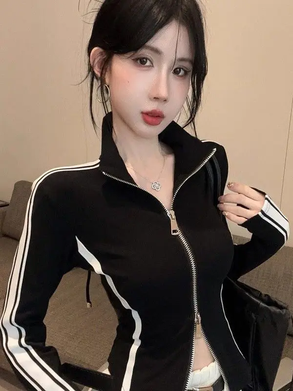 American Style Slim Fit Striped Zipper Long Sleeve Short Cardigan Autumn Spring Sweet And Spicy Girl Vintage Top Coat