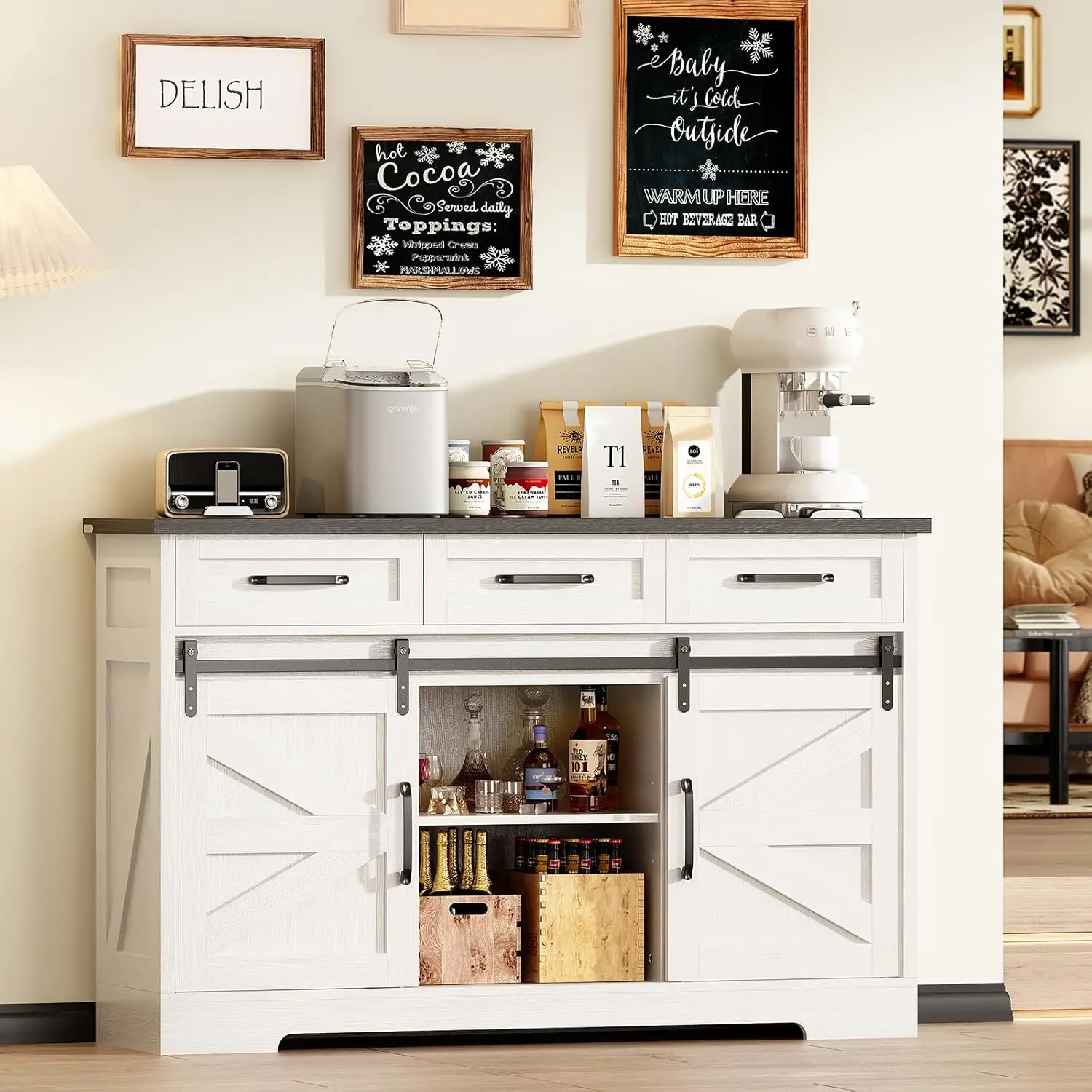 Farmhouse Sideboard Buffet Cabinet with Storage, Farmhouse Wine Bar Cabinet w/Sliding Barn Door, 53