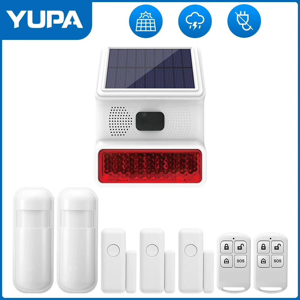 Sistema de alarma impermeable YUPA, radiofrecuencia inalámbrica, 433MHz, luz estroboscópica Solar para exteriores, alarma con Sensor de puerta,