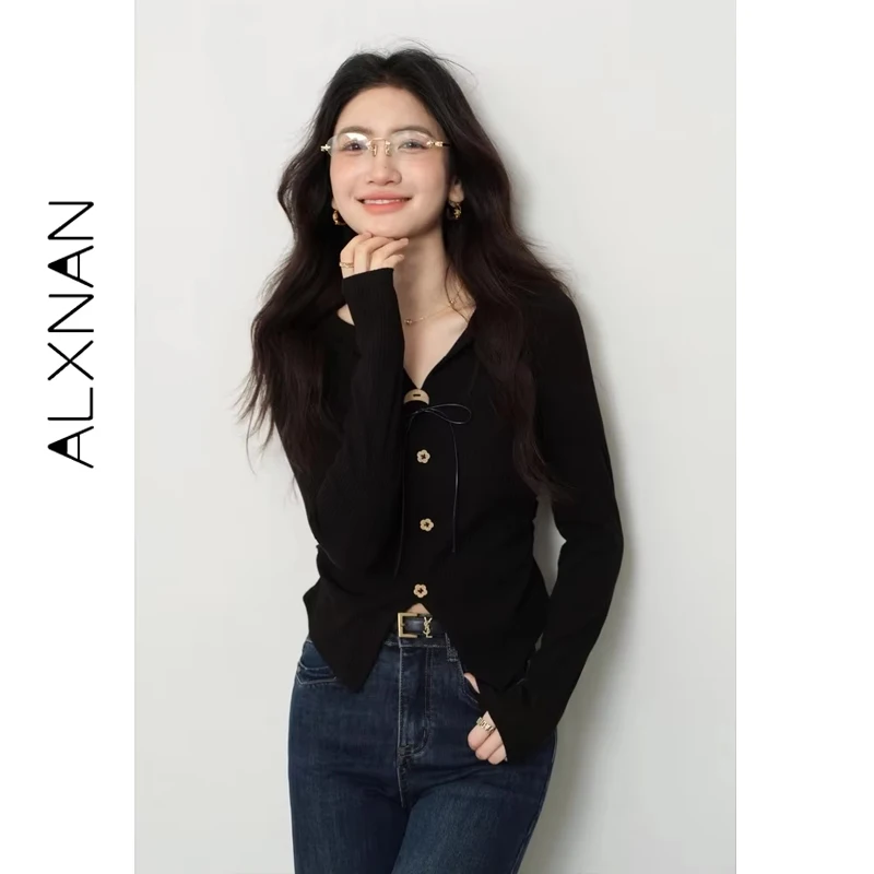 

ALXNAN топы с длинными рукавами, осенние новые черные женские трикотажные изделия с v-образным воротником и завязками на пуговицах, тонкие модные многослойные женские пуловеры L56766