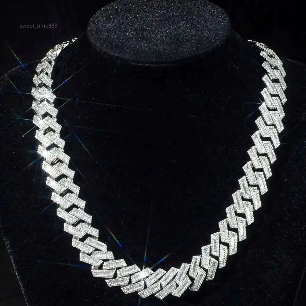 

15mm Vvs Moissanite Cuban Link Chain Necklace Custom Iced Baguette Straight Line Cuban Chain Hip Hop 925 Silver Jewelry