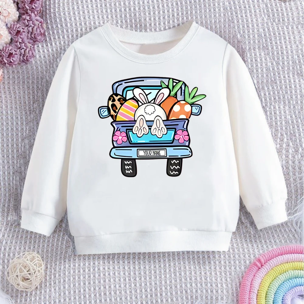 Rabbits&Truck Pattern Print Pullover Sweatshirt Easter Day Girls Child Sweatshirts Casual Loose Warm Tops Easter Day Gift To Kid