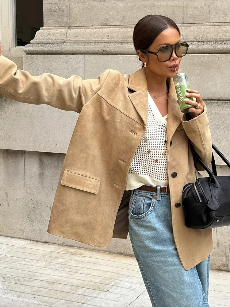 HH Herfst Damesmode Effen Turn-down Kraag Single-breasted Blazer Jas Vrouwelijke Street Style Slanke Lange Mouw Losse Jas