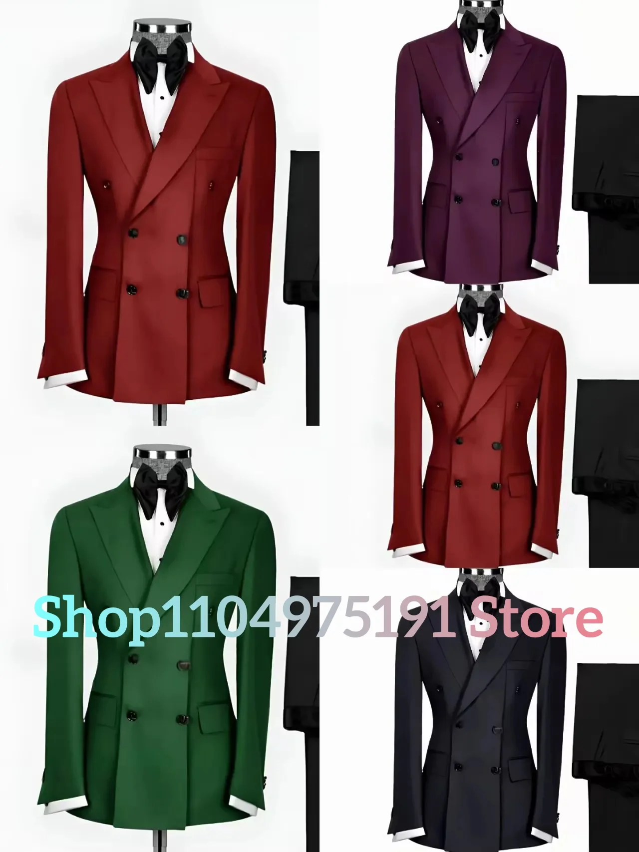 Formal black men's 2-piece suit double breasted jacket pants set, handmade custom-made tuxedo for wedding prom party concerts