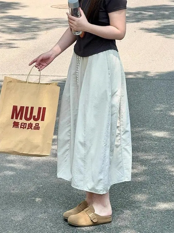 Ice Silk Mountain Series Workwear Half Skirt Women's Early Spring New High Waist Drawstring A-Line Slim Midi Pumpkin Skirt