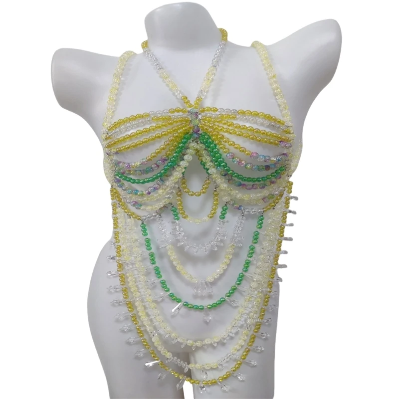 ZB91 Chic Multi Strand Pearls Acrylic Choker Artisanal Pearls Embellished Acrylic Choker Necklace with Layered Body Chain