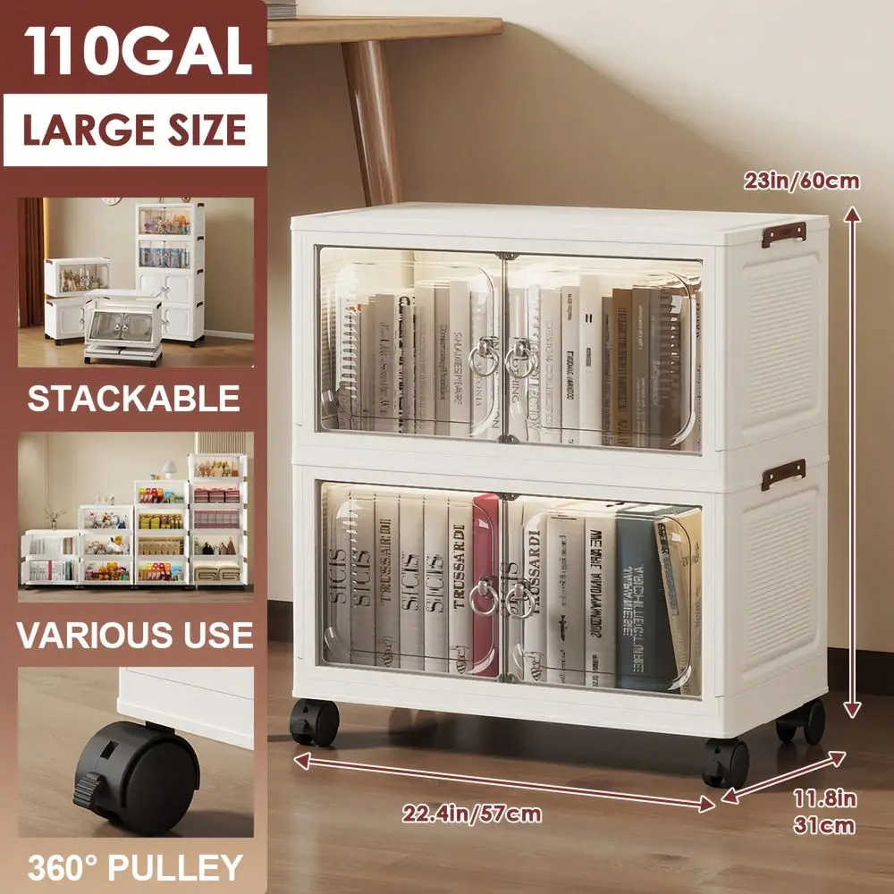 Plastic Storage Bins With Lid, Large Stackable Storage Cabinet With Wheels Magnetic Door, Translucent Collapsible Closet Organi