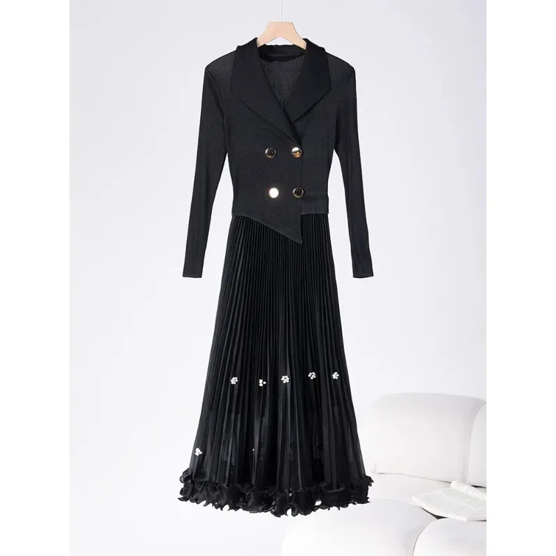 Miyake Fashion Dress 2026 New Pleated Fashion Lace Long-sleeved Suit Collar Commuter Waisted Large Size Elastic Long Dresses