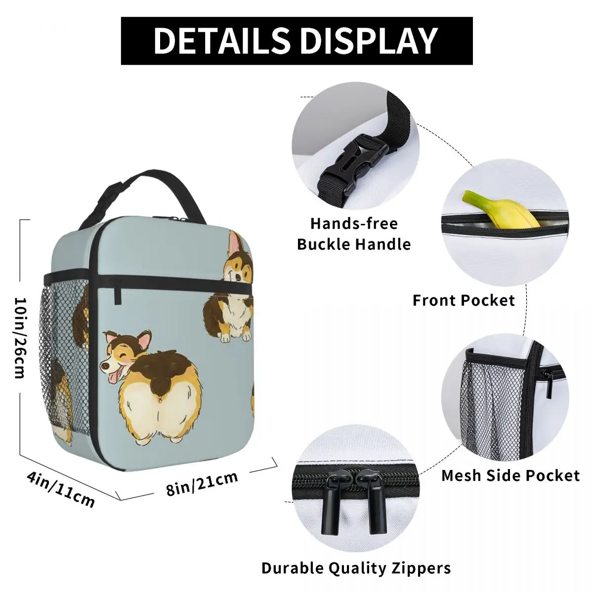 Tri Color Corgi Dog Insulated Lunch Bag for Women Office Cooler Thermal Food Box Tote Portable Lunch Boxes Container