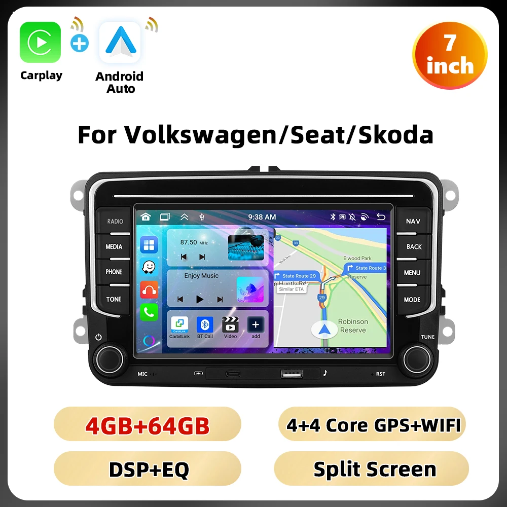 Podofo 6 + 128G 7 ''Autoradio Voor VW/PASSAT/CADDY/POLO/BEETLE Multimedia Speler Carplay Android Auto Type-C WIFI GPS Auto Audio