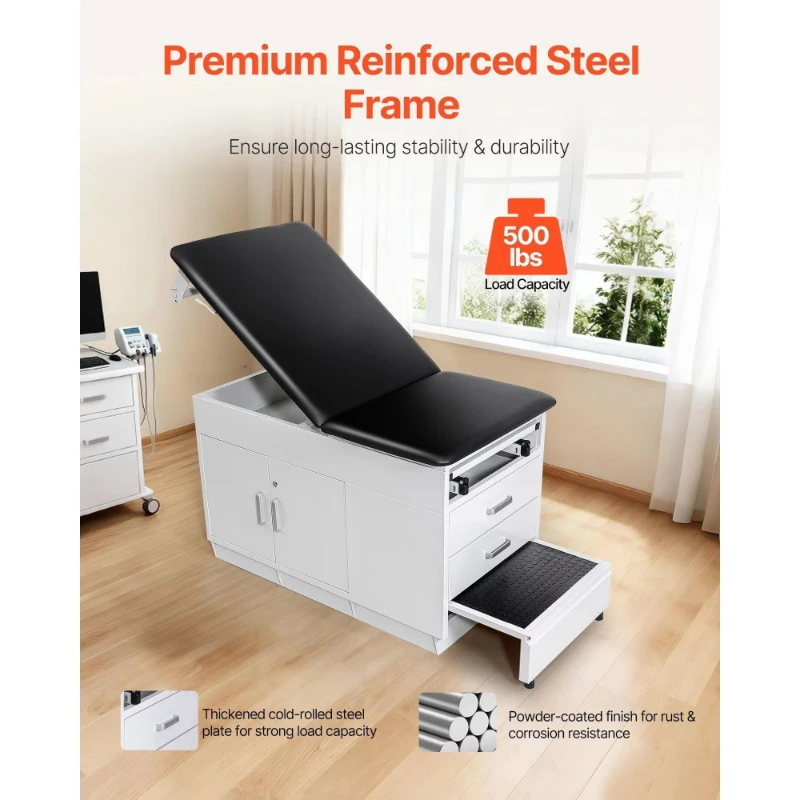 Professional physical therapy examination table with locker and 2 drawers, adjustable backrest, bedside paper roll holder