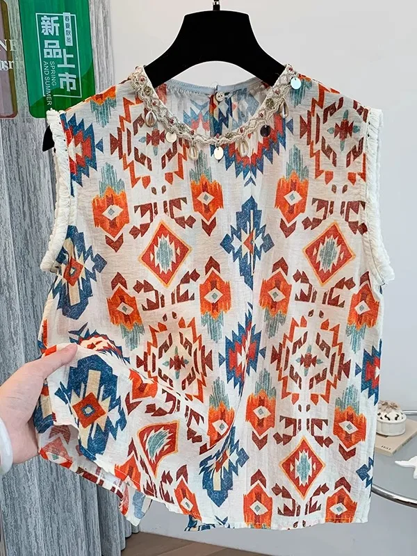 

Ele Heavy Embellied Print Loose Fit Svel round Ne irt Women's Summer New Sle Cotton Polyester Blend Blouse