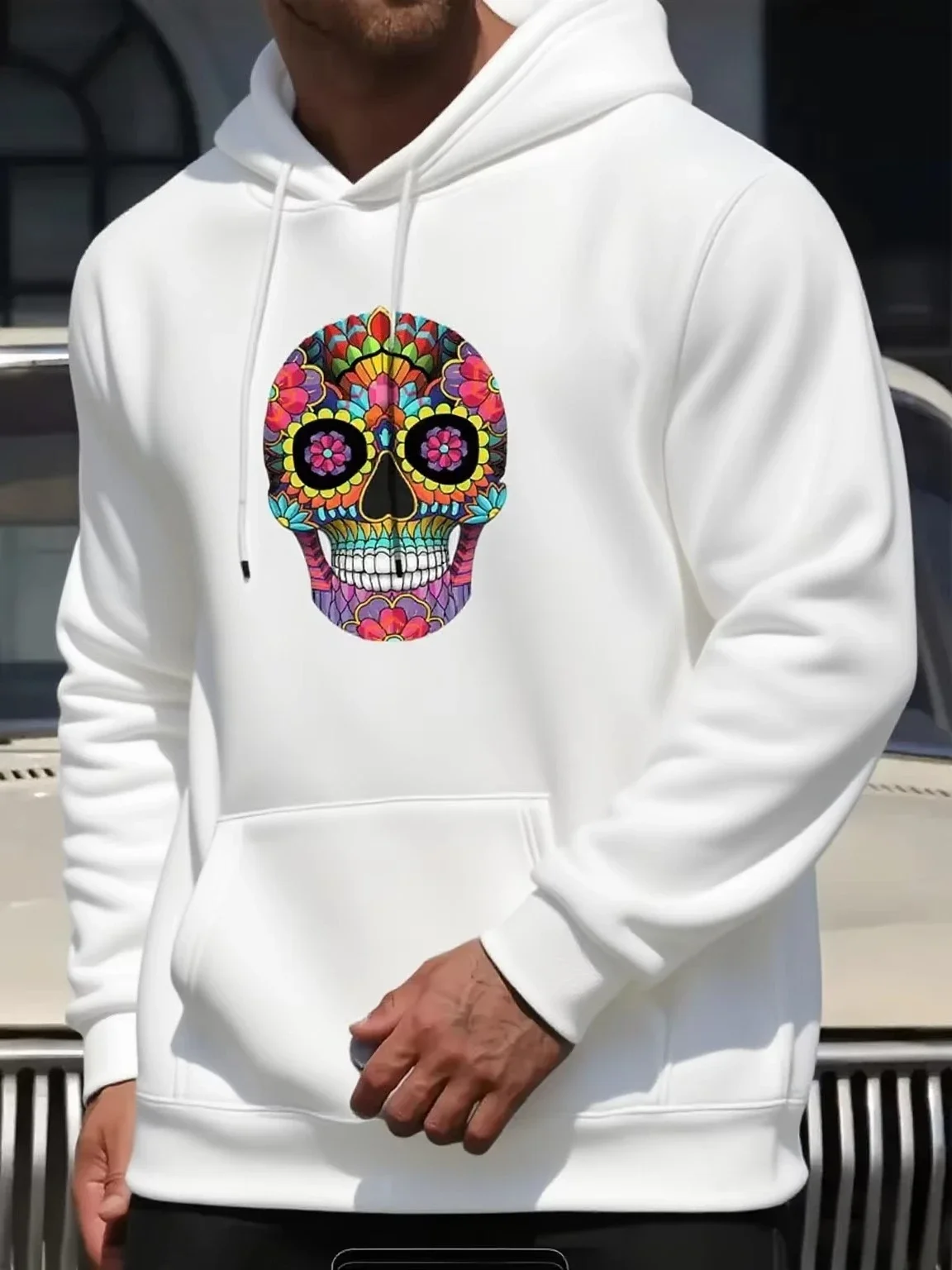 Colorful Skull Print Hooded Sweatshirt Halloween Themed Pure Cotton Eco Comfortable Mens Womens Autumn Winter Fashion harajuku