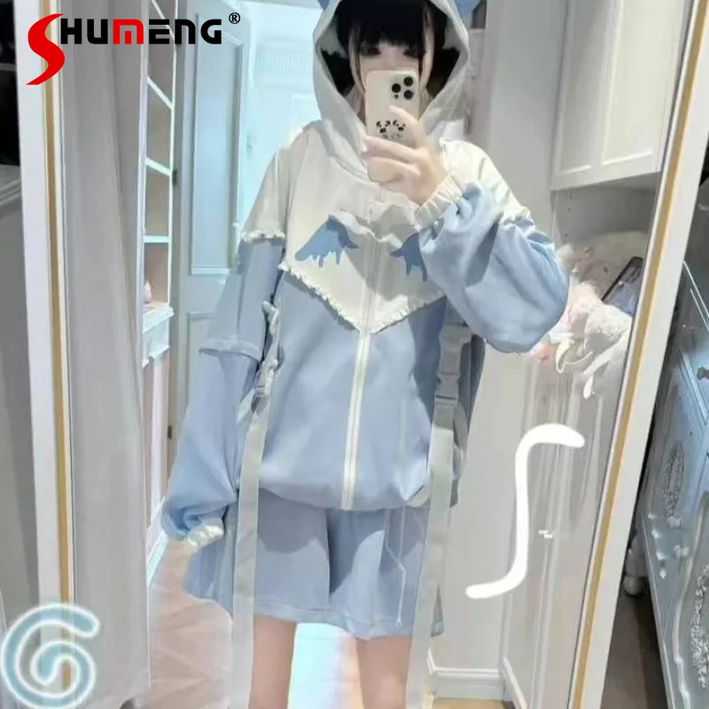 

New Japanese Rojita Aqua System Detachable Sleeves Top Hoodies Sweet Cute Fox Ear Hooded Sweatshirts Boutique Ladies Outfit Set