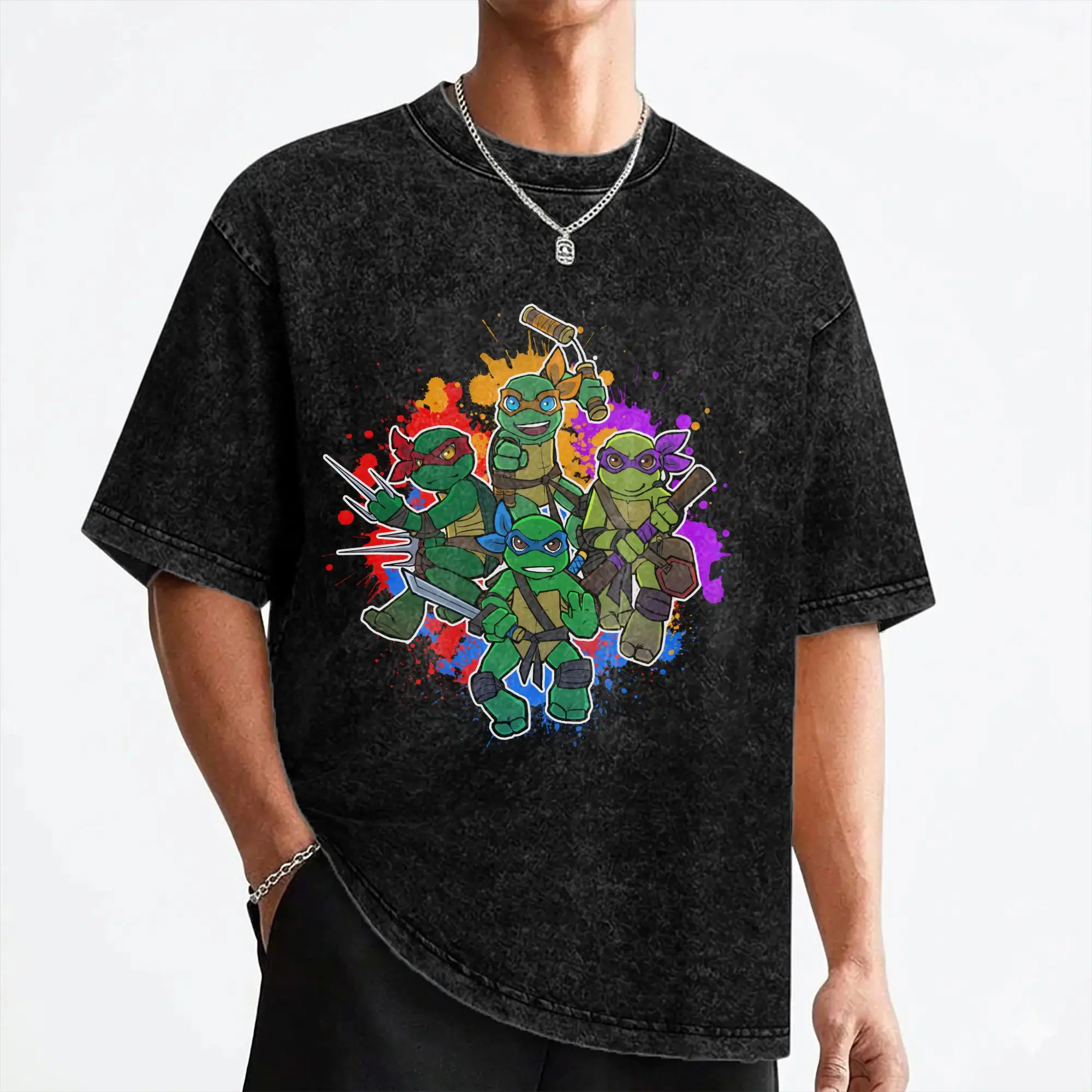 Cartoon Ninja T-Turtles Washed T Shirt Streetwear Vintage T-Shirt  Tee Shirt for Men Women Short Sleeve Oversize Printed