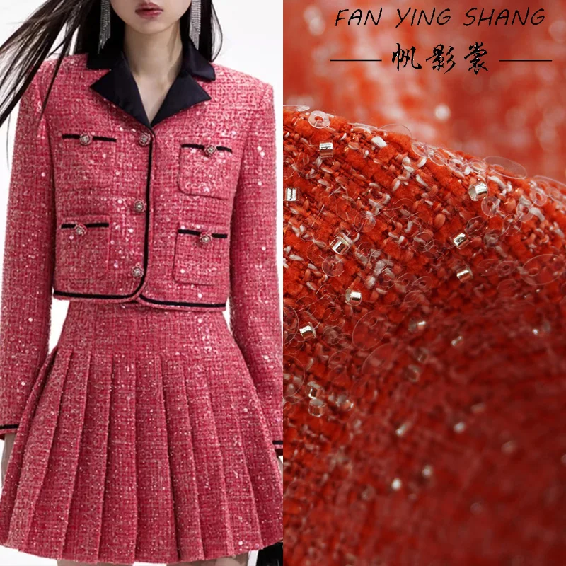 

2024 New Orange Red Tweed Fabric For Coat Suit Cloth Goods