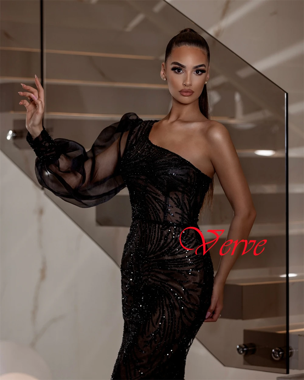 Robe de soirée en Tulle noir, personnalisée, exquise, moderne, asymétrique épaule dénudée, manches longues, robes d'occasion spéciale, robe de bal sirène