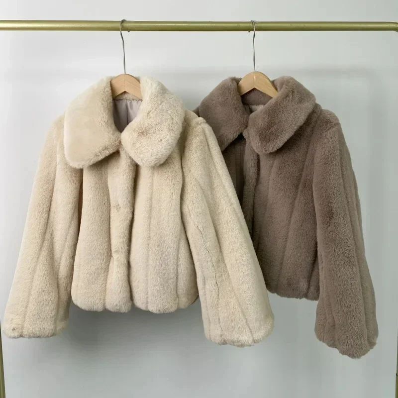 Gentle Lapel Long Sleeve Faux Fur Jackets Thick Warm Fashion Furry Plush Women Coat JAPAN Style Elegant Fall Winter Clothes