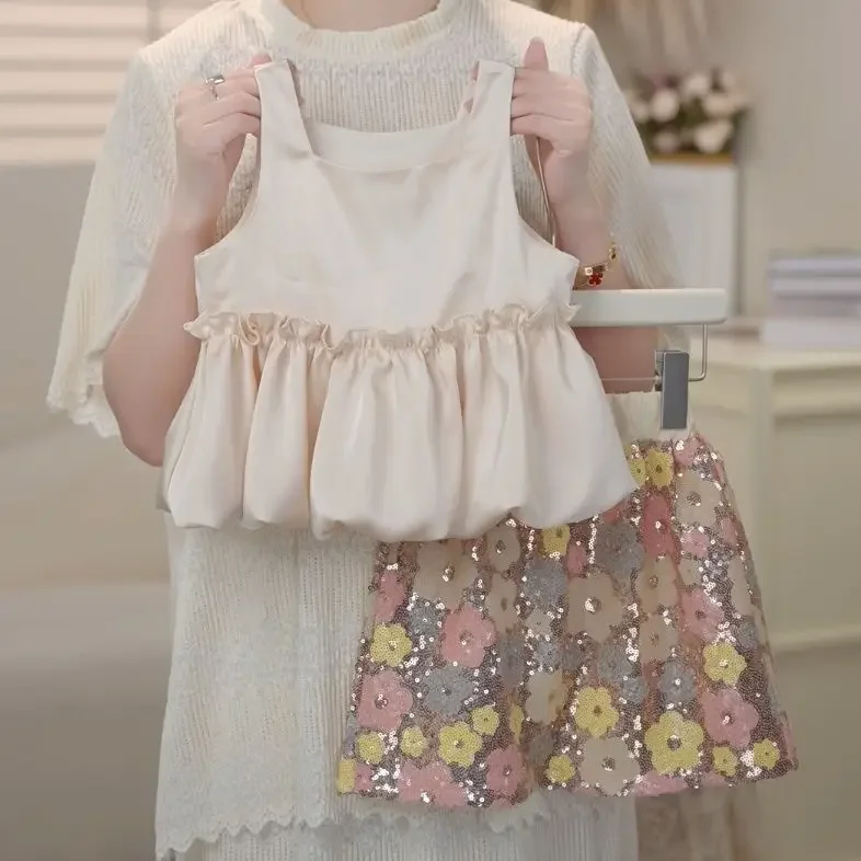 

New Baby Girls Summer Fashion Sets, Vest + Sequined Skirts Princess Sweet Suits 2-8 T