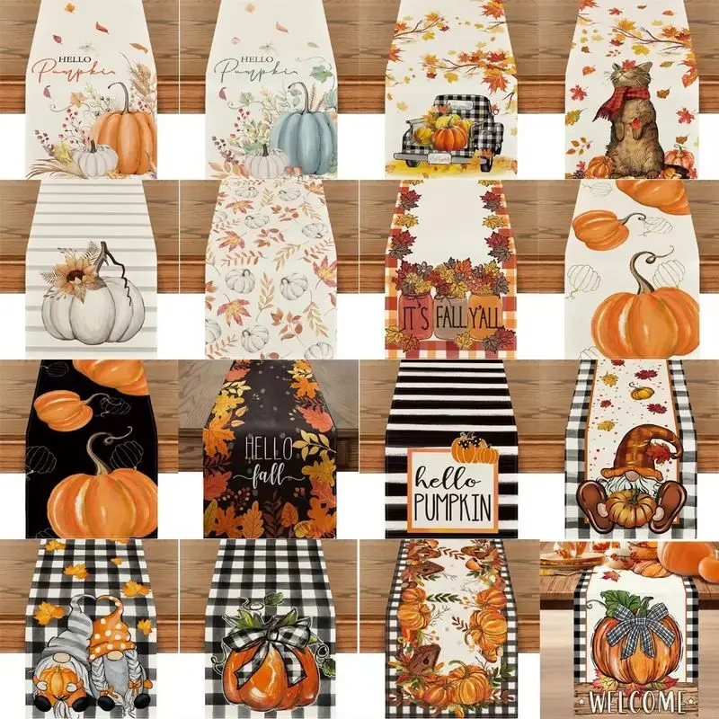 VIKAMA Thanksgiving Table Runner Maple Leaf Pumpkin Gnome Design for Farmhouse Autumn Dining Table Home Decoration