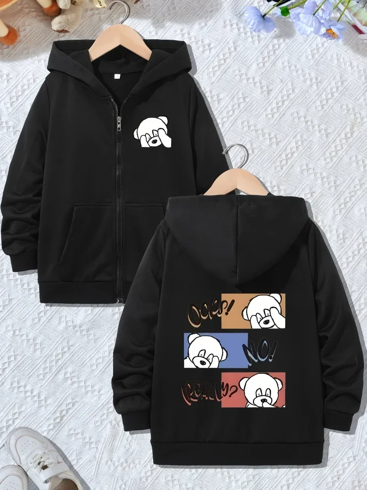 Kids Zip Up Hooded Jacket Minimalist Cartoon Bear Oops No Really Text Graphic Long Sleeve Casual Outerwear For Girls