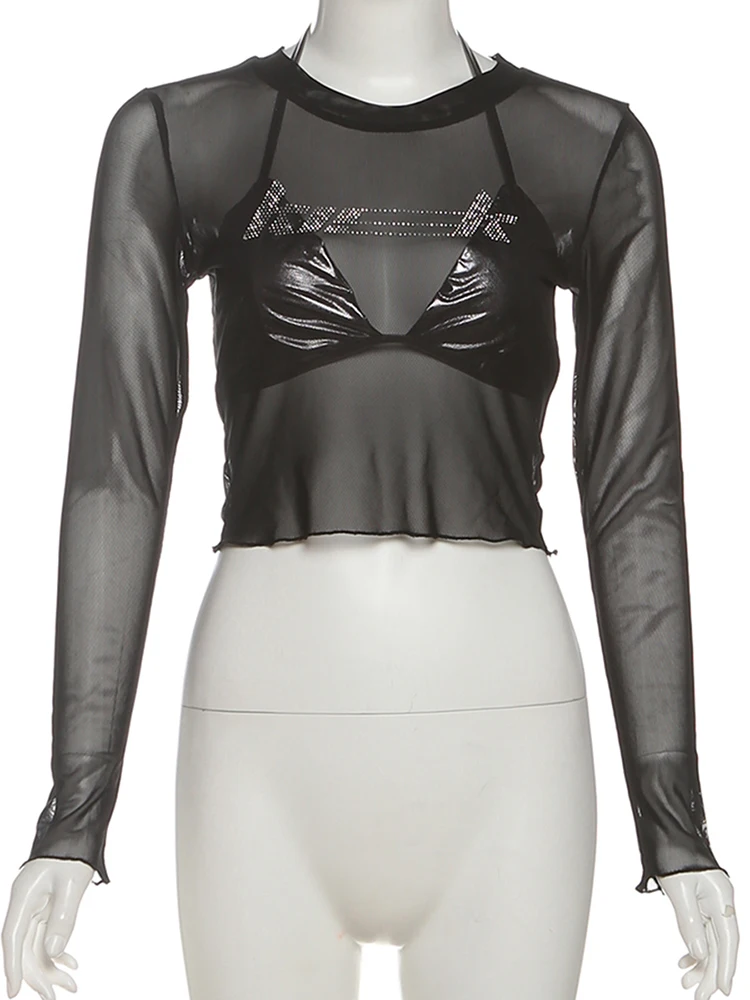 Nibber-Conjunto de Top Sexy de 2 piezas para mujer, sujetador Halter + pegatina de diamante falso transparente, camiseta de manga larga, ropa de calle de medianoche