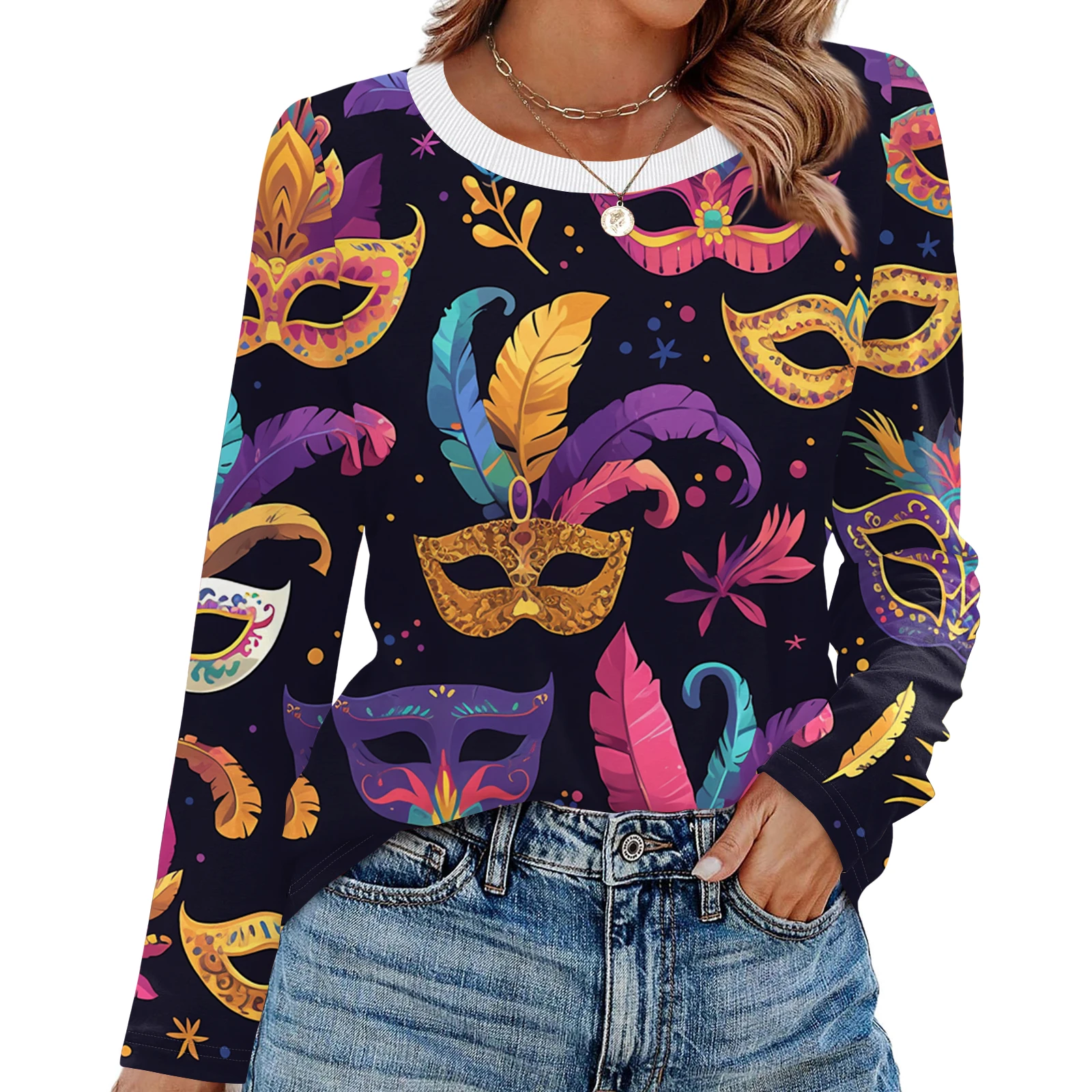 

Карнавальный топ с круглым вырезом, женский комфортный модный базовый пуловер, футболки с длинными рукавами, забавные и милые повседневные базовые весенние футболки с принтом