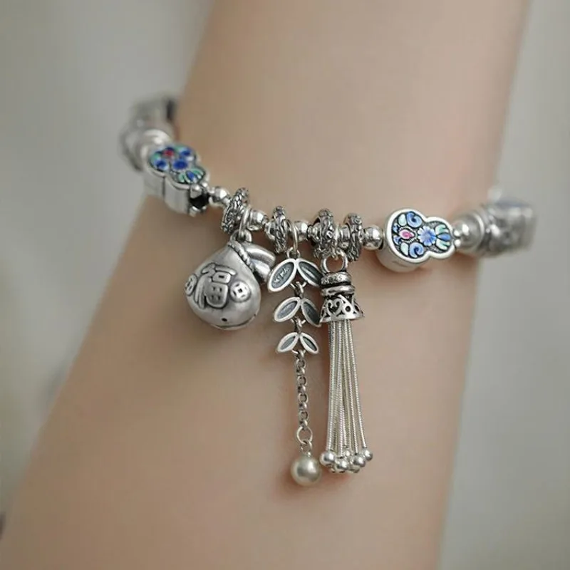 925 Silver Ethnic Cloisonne Ruyi Gourd Bracelet Vintage Fortune Fulu Tassel Hand String Jewelry Gift for Women Men Couple Set