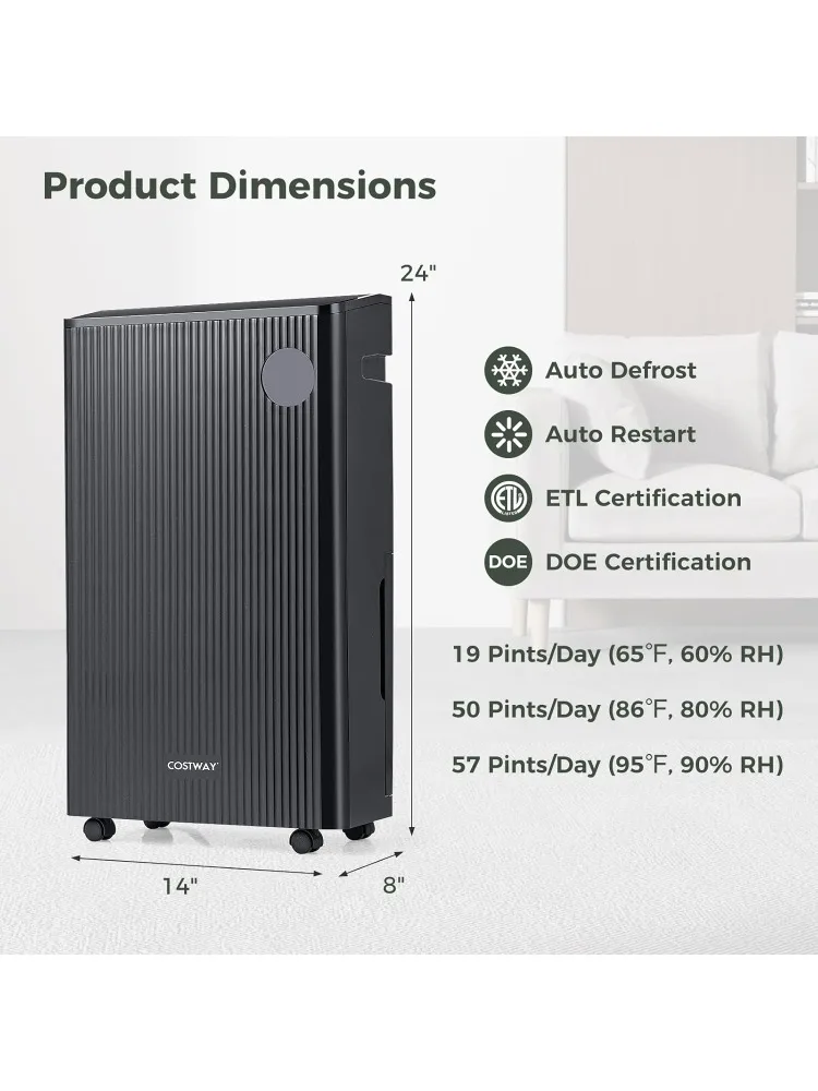 4,500 مربع. مزيل رطوبة قدم للطابق السفلي، مؤشر رطوبة 3 ألوان، وضع الملابس الجافة، خرطوم وصرف وعجلات مقاس 12 بوصة، 57 لترًا #4