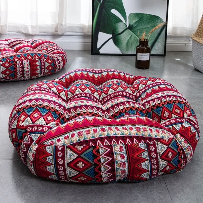 50x50x10cm Ethnic Style Thicken Round Cotton and Linen Colored Tatami Seat Office Chair Cushion Soft Sofa for Home Floor Decor