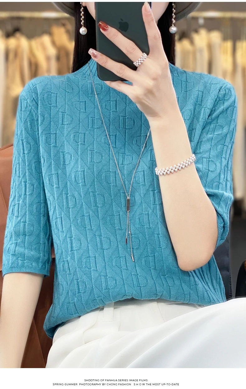 Women New Soft Diamond Letter Design Sweater Half-high Collar Three Quarter Sleeve Pullover Spring Summer Casual Knit Slim Top