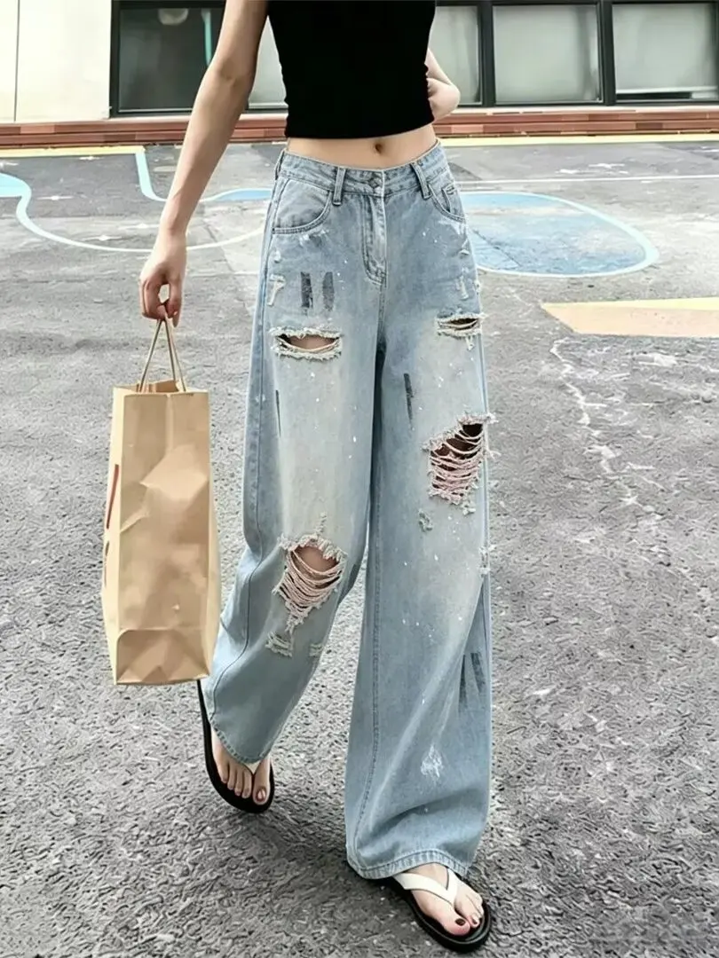 Spicy Girl Design Splashed Ink Ripped Denim Jeans Women's plus Size Straight Leg Wide Leg Floor-Length Pants Autumn New Arrival