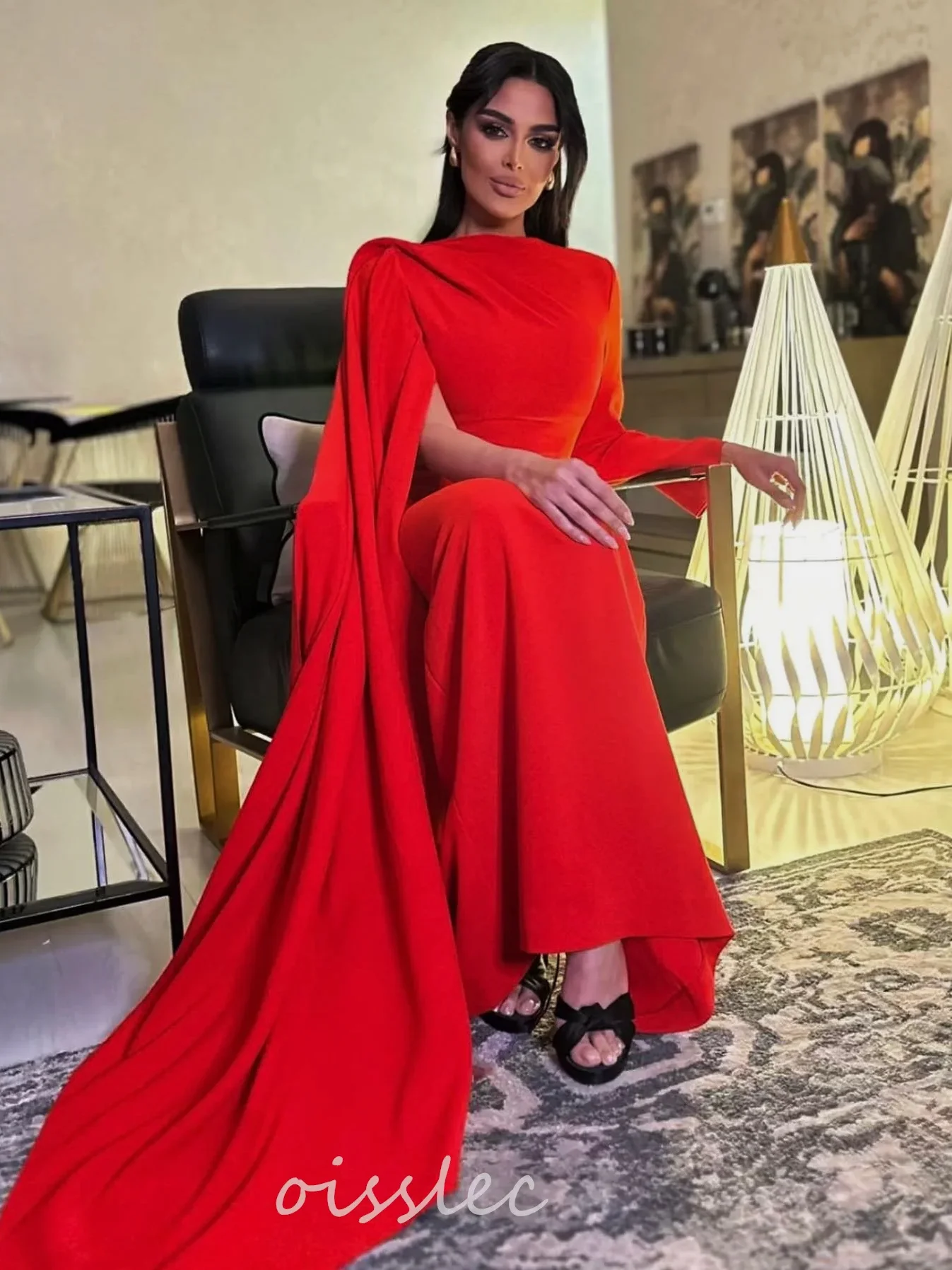 

Oisslec Red Elegant Prom Dresses High Neck Evening Dress Long Sleeves Saudi Arabia Women Wear Formal Party Gowns