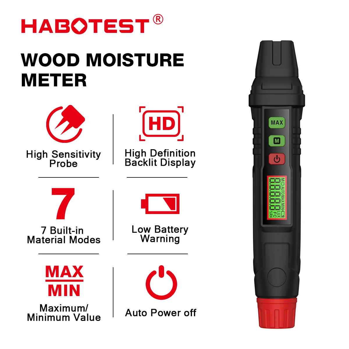 

HABOTEST HT65 Digital Mini Wood Moisture Meter 0~58% Timber Hygrometer Portable Tool LCD Display Timber Damp Detector