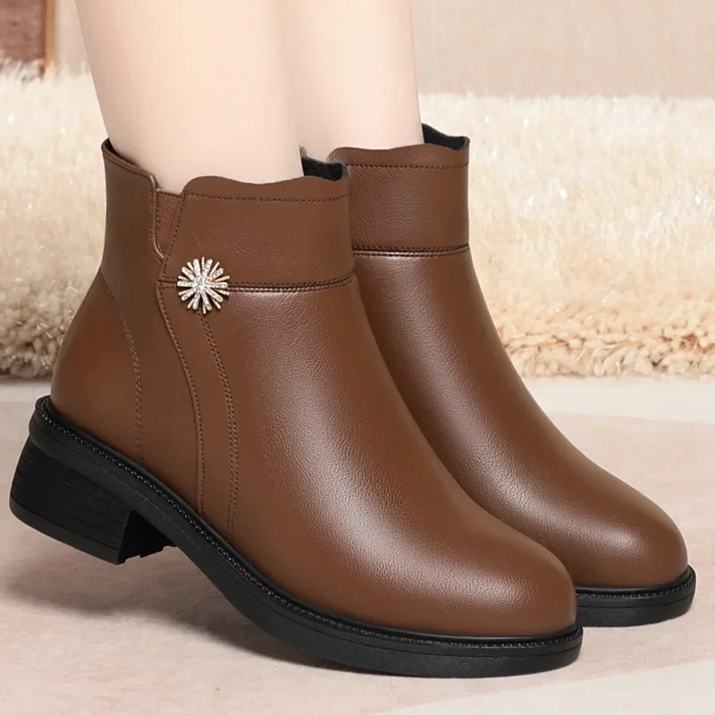 

Pop Heel 4.5cm 2024 Winter Boots Women Genuine Leather Big Size Mother Wedge Boot Black Platform Boots Thick Wool Ankle Boots Wo