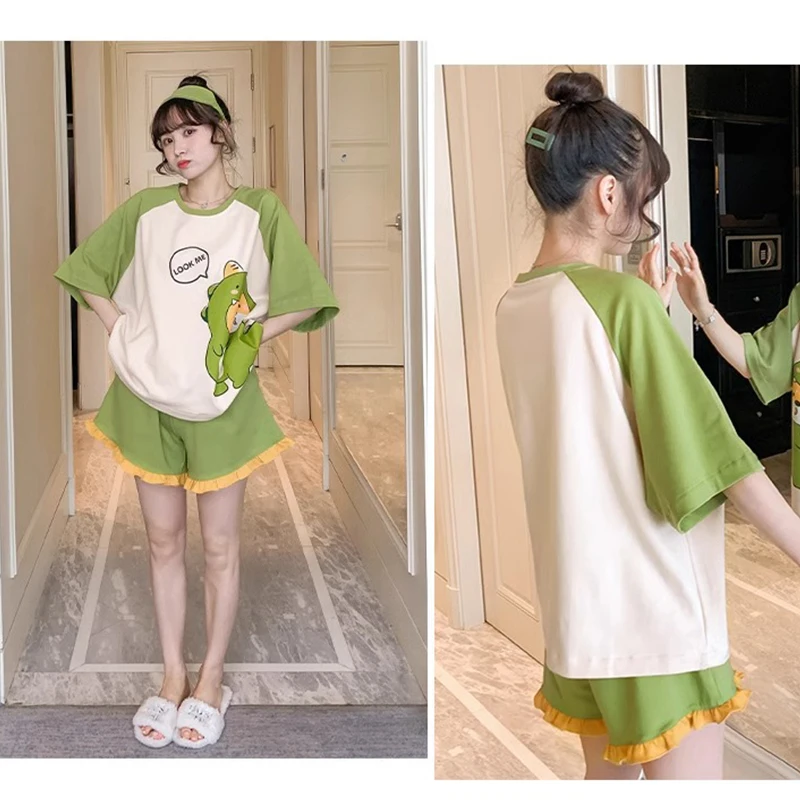 2PCS/Set Green Cartoon Dinosaur Pajamas Short-Sleeved Loose Version Women Large Size Princess Style Homewear Students Sleepwear