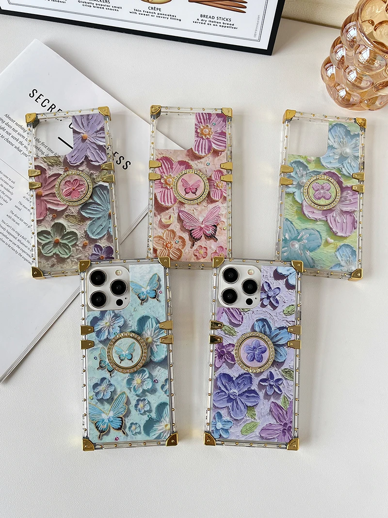 3D Oil Painting Butterfly Flowers Case for iPhone 16 Pro Max 15 14 13 12 11 Finger Ring Stand Protective Funda S24 Ultra