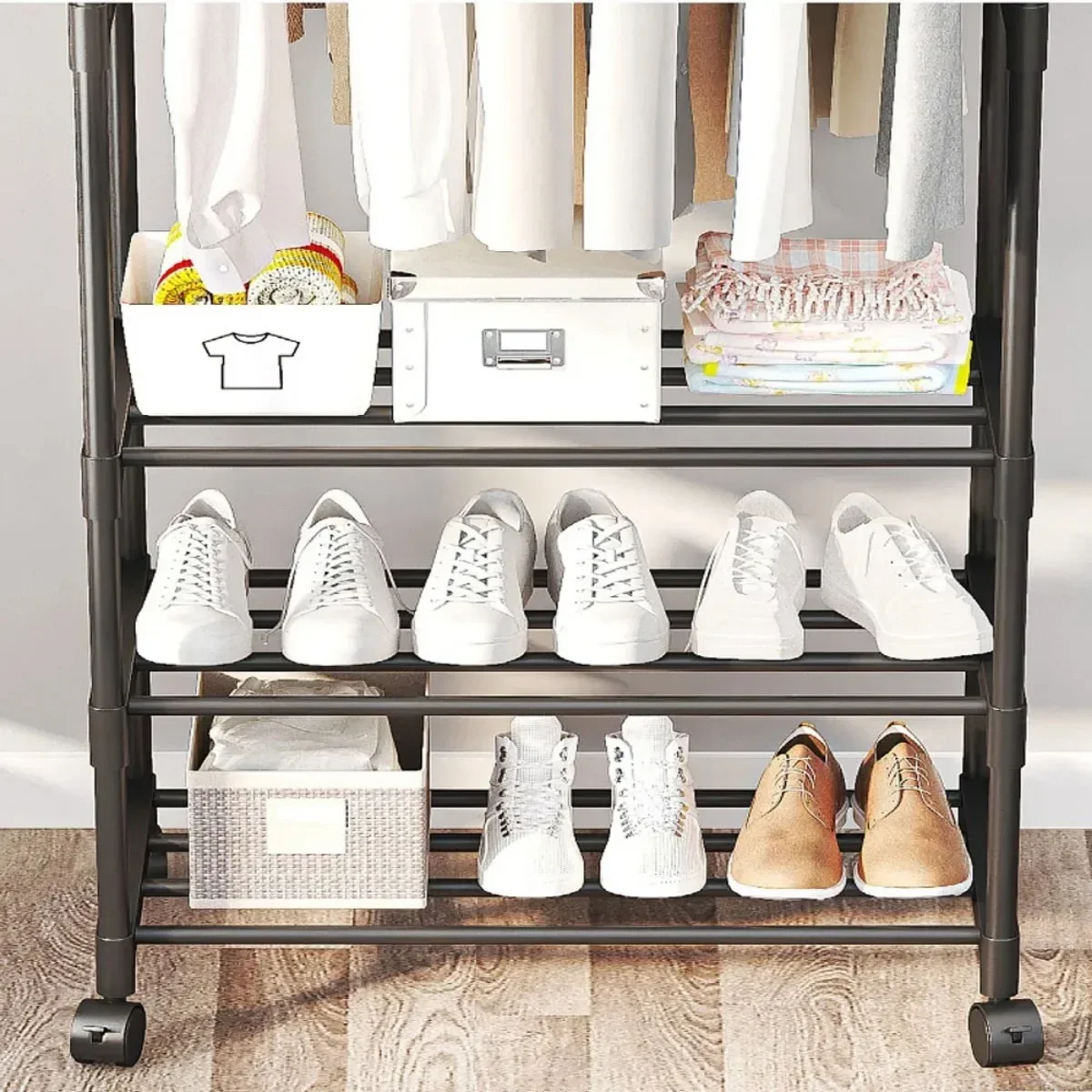 Double Rod Clothes Rack Movable Coat Rack Bedroom Telescopic Floor Hangers Hanger Multifunctional Shoe and Hat Storage Racks