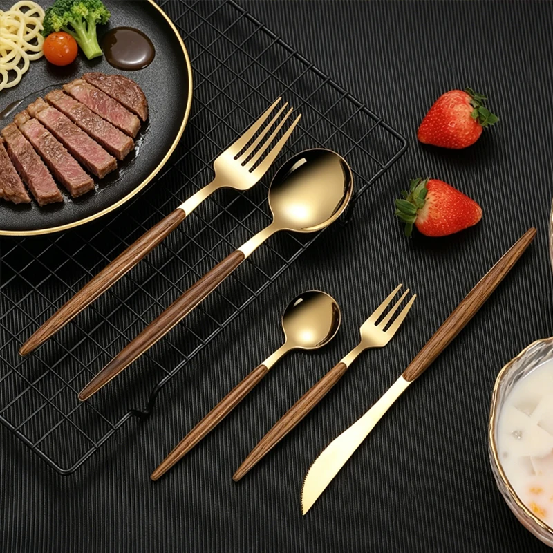 30 pieces of stainless steel tableware with wood grain clamp handle, including spoon fork knife, used in restaurant family.