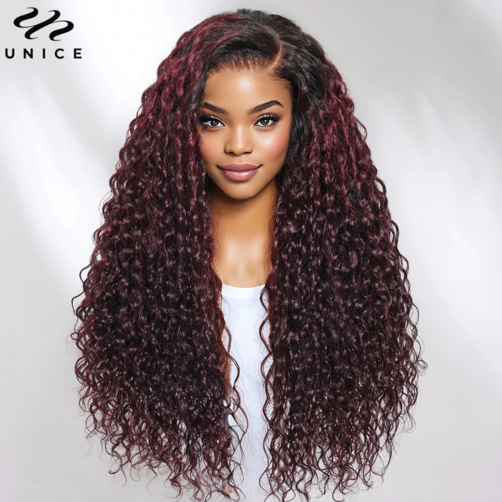 Unice Hair Dark Roots Plum Colored Water Wave Wig 13x4 Lace Front Human Hair Wig Pre Cut Pre Bleached Pre Plucked Frontal Wigs