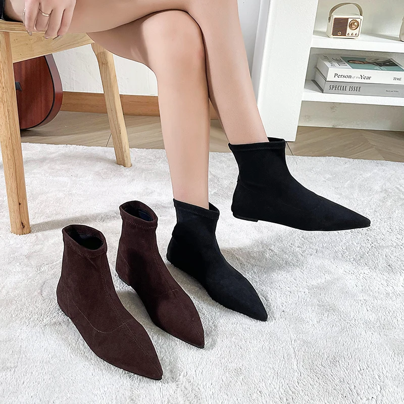 

Женские сексуальные дизайнерские модные ботинки на высоком каблуке с острым носком, весенне-осенние ботильоны-гладиаторы на низком каблуке до середины икры с резиновой подошвой.