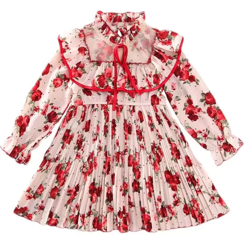 

Girls Chiffon Floral Dress Autumn Spring Children'S Clothing European And American Style Little Girl Pleated Princess Dresses