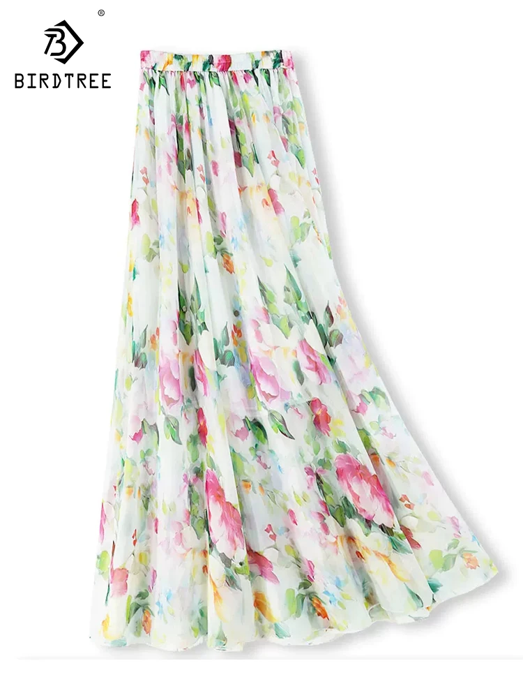 

BirdTree-Silk Elegant Skirts, Elastic High Waist Floral Print, Women Beach Vacation Party A-line Skirt, 2026 Spring New B61059CC