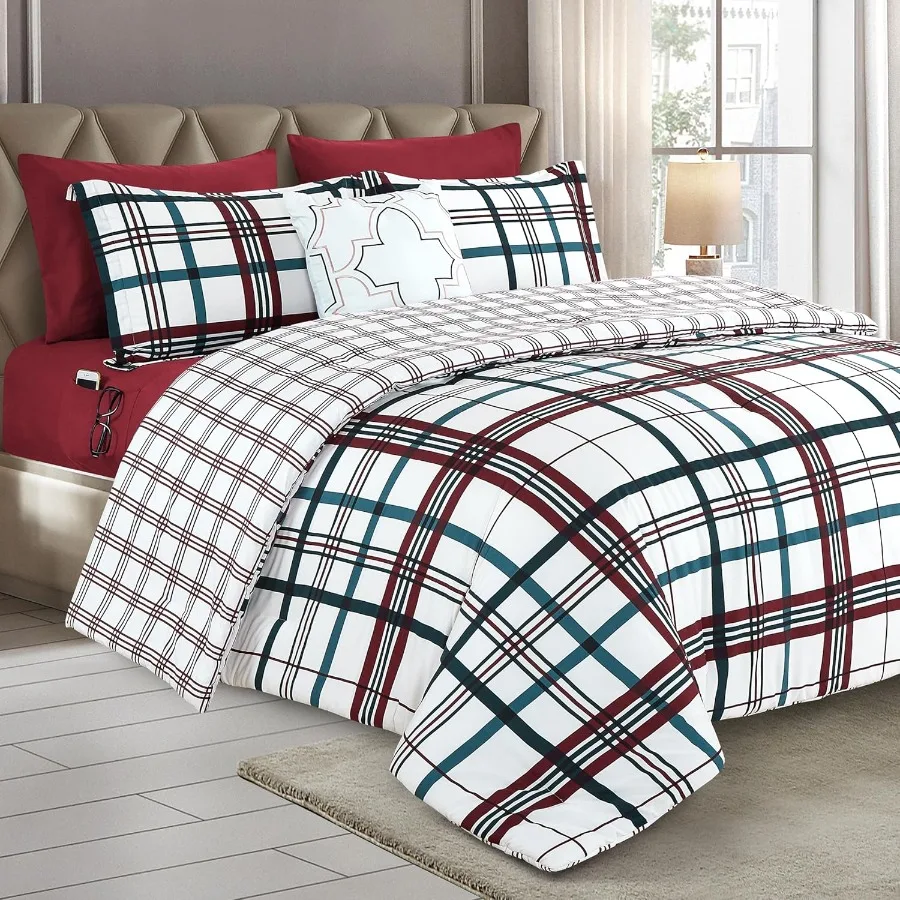 

King/California King 8-Piece Lodge Plaid Reversible Comforter Set Burgundy All Season Bed in a Bag with 4-Piece Sheet Set Smart