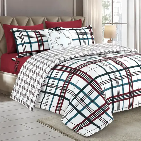 King/California King 8-delige Lodge geruite omkeerbare dekbedset bordeauxrood bed voor het hele seizoen in een tas met 4-delige lakenset Smart