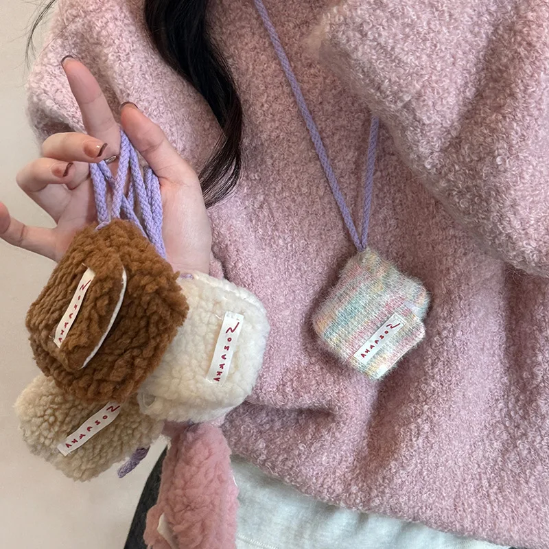 

Plush Headphone Bag Neck Hanging Accessory Anti Lost Key Bag for Going Out Long Autumn and Winter Mini Storage Wallet