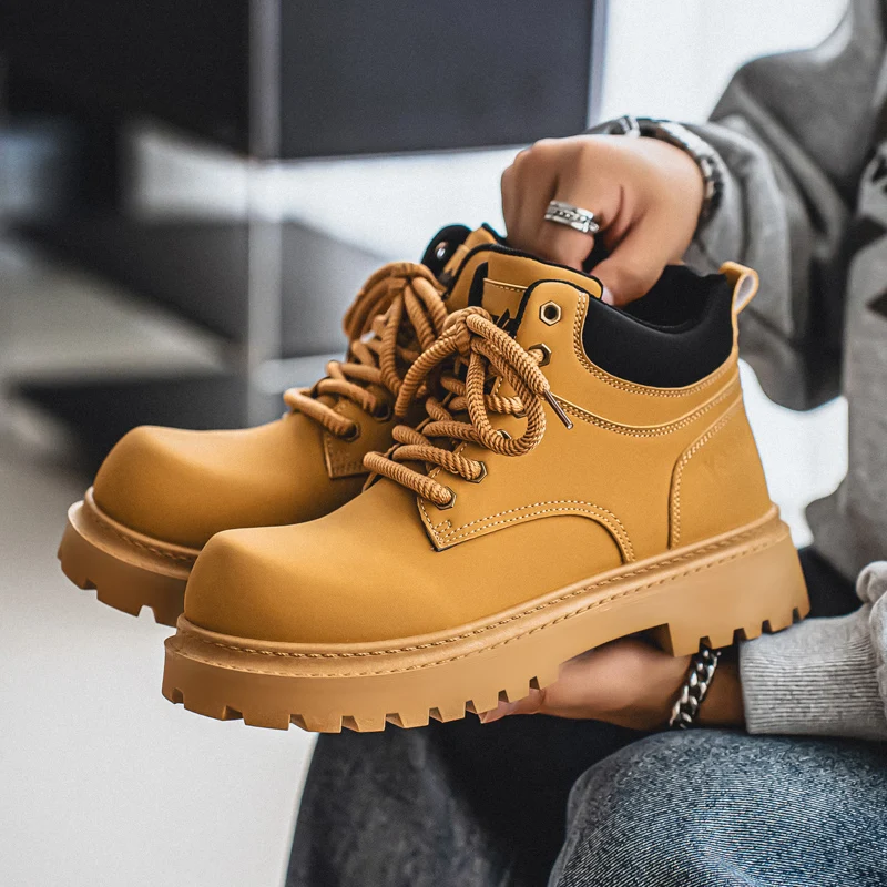 

Man Stylish Retro Basic Boots New Men's Leather Motorcycle Boots Handmade Men's Walking Shoes Male Comfortable Lace-Up Sneakers